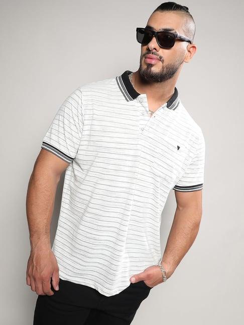 instafab plus light grey cotton regular fit striped plus size polo t-shirt