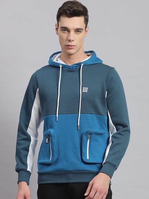 rock.it turquoise regular fit colour block hooded sweatshirt