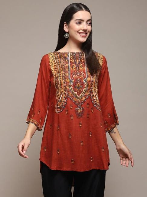 biba brown printed a-line short kurti