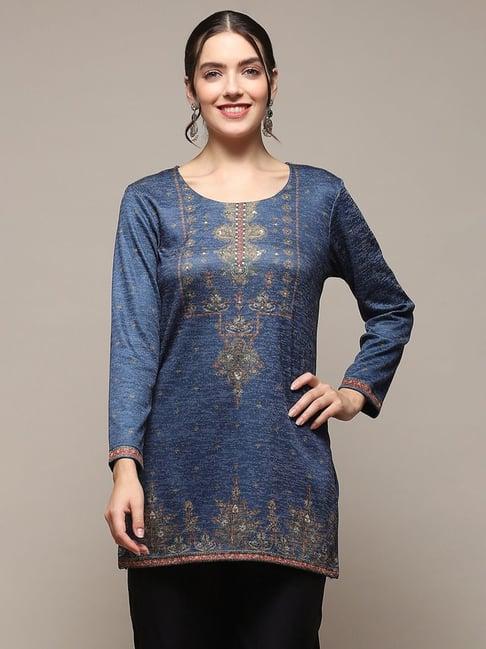 biba blue printed a line short kurti