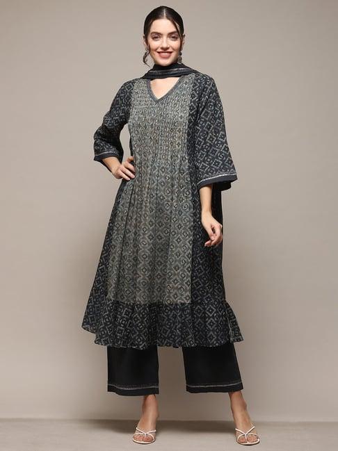 biba blue cotton printed kurta palazzo set with dupatta