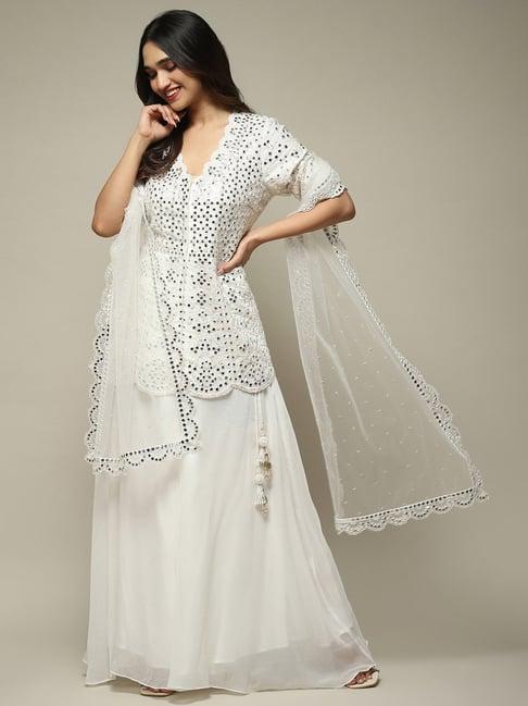 biba white embellished tunic sharara set with dupatta