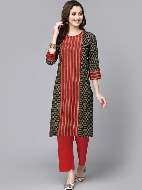 skylee black & red striped straight kurta