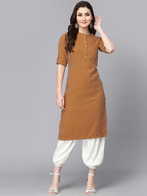 skylee mustard cotton striped straight kurta