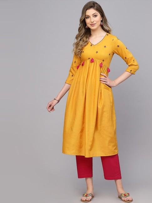 skylee yellow embroidered a line kurta