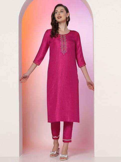 skylee magenta embroidered straight kurta