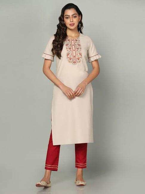 skylee beige cotton embroidered straight kurta