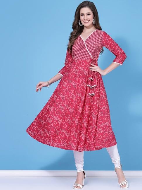 skylee pink & white bandhani print a line kurta