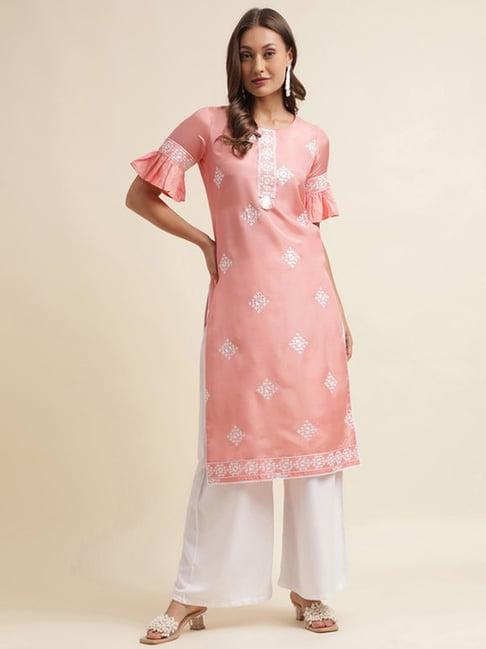 skylee peach embroidered straight kurta