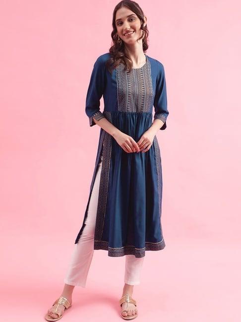 skylee teal blue printed straight kurta