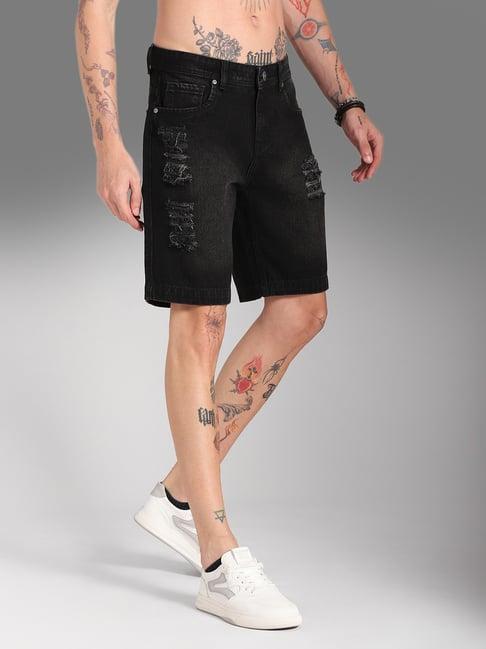 high star black cotton regular fit distressed denim shorts