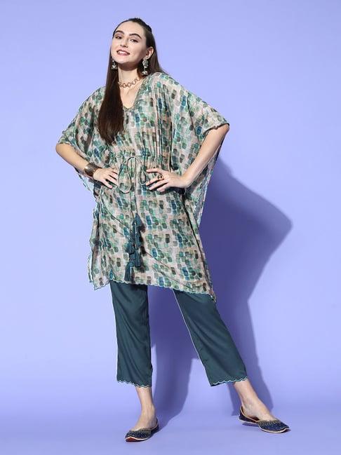 jaipur kurti green printed kaftan kurta pant set