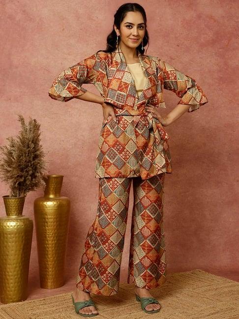 jaipur kurti rust printed wrap top & pant set