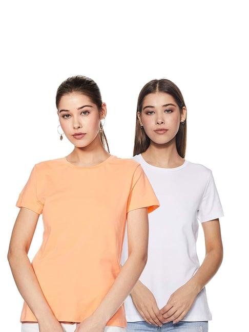 color capital peach & white regular fit t-shirt (pack of 2)