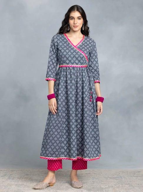 shaye grey cotton printed kurta with pants