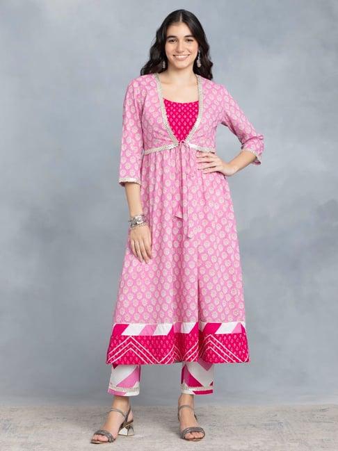 shaye pink cotton floral print kurta with pants