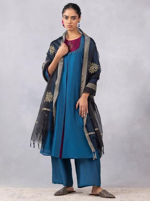 shaye teal floral print kurta with palazzos & dupatta