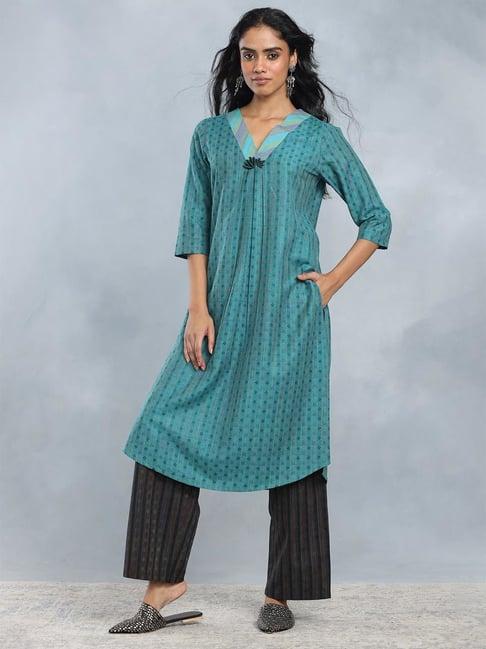 shaye sea green printed kurta with palazzos