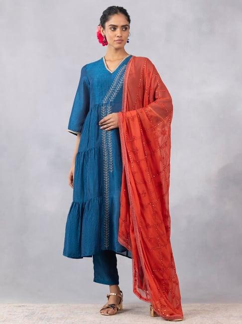 shaye teal printed kurta with pants & dupatta