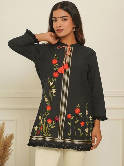 zolo label black cotton embroidered tunic