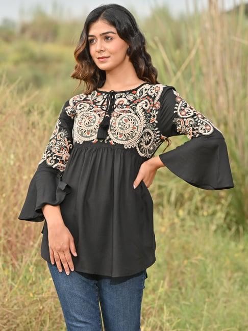 zolo label black cotton embroidered top