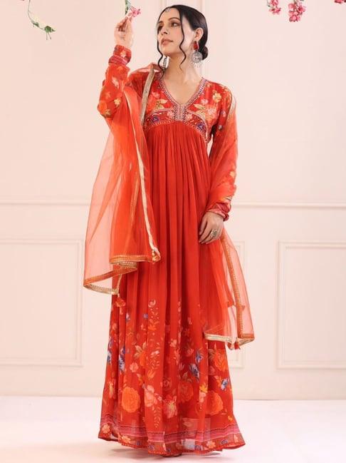 zolo label orange cotton embroidered kurta sharara set with dupatta