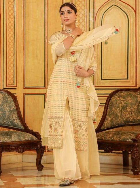 zolo label cream cotton embroidered kurta sharara set with dupatta