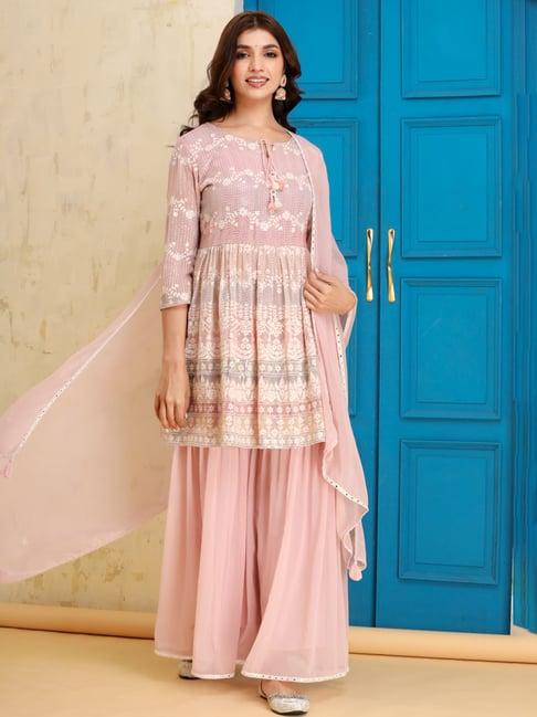 zolo label pink cotton embroidered kurti sharara set with dupatta