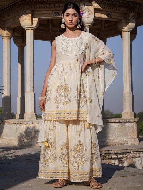 zolo label off-white cotton embroidered kurti sharara set with dupatta