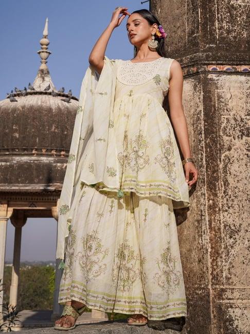 zolo label off-white cotton embroidered kurti sharara set with dupatta