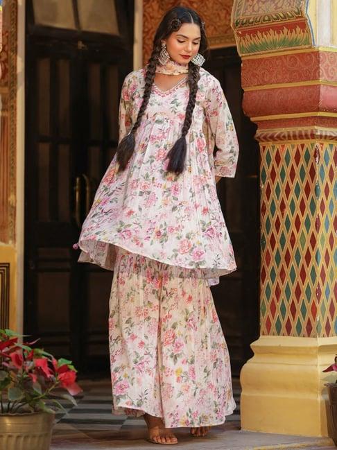 zolo label pink floral print kurti sharara set with dupatta