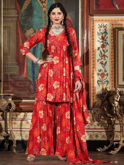 zolo label red cotton printed kurti sharara set with dupatta