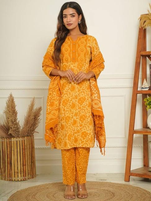 zolo label mustard cotton printed kurta pant set with dupatta