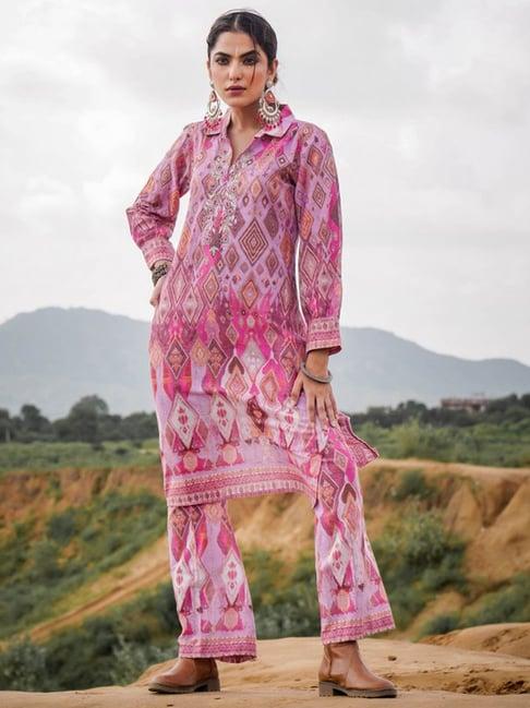 zolo label pink cotton embroidered kurta pant set