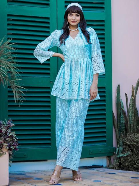 zolo label blue cotton embroidered top pant set