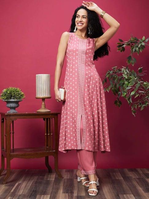 globus pink printed kurta pant set