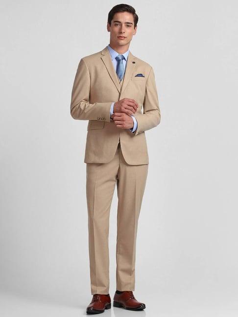 allen solly khaki slim fit three piece suit