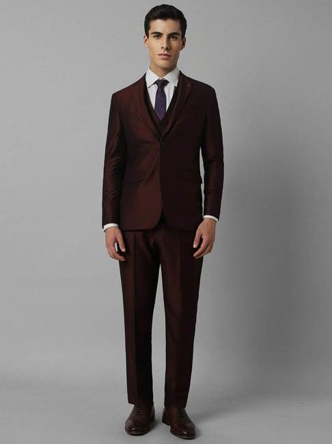 louis philippe maroon slim fit texture three piece suit