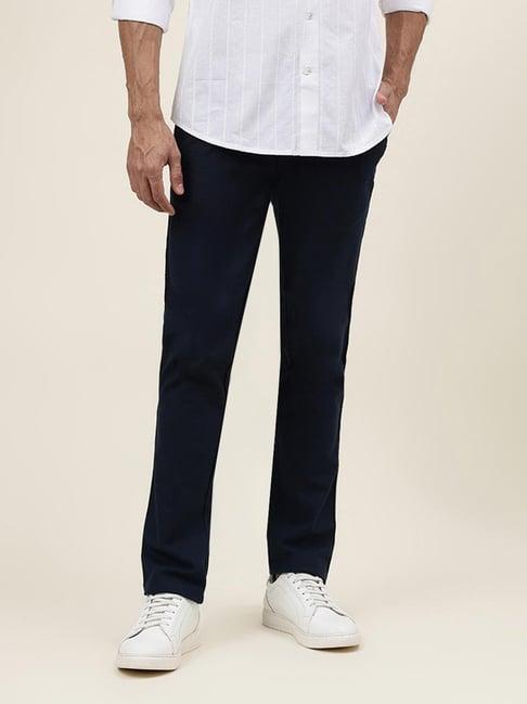 fabindia navy slim fit flat front trousers