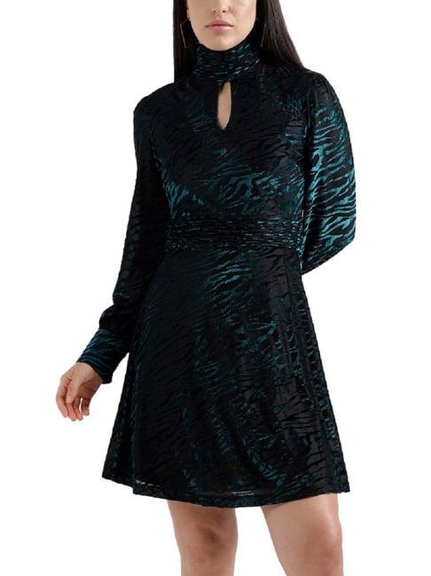 elle green & black self pattern a-line dress