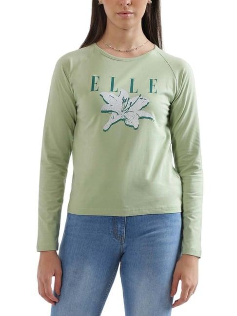 elle green cotton printed fitted t-shirt