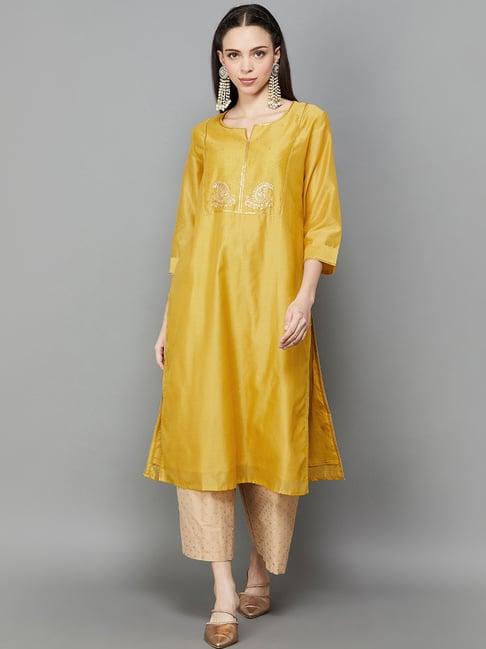 melange by lifestyle yellow embellished straight kurta