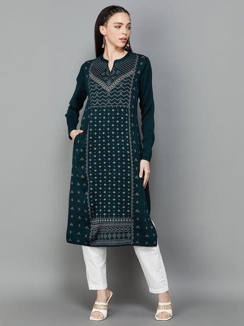 melange by lifestyle teal blue printed straight kurta