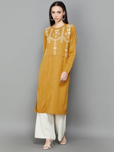 melange by lifestyle yellow printed straight kurta