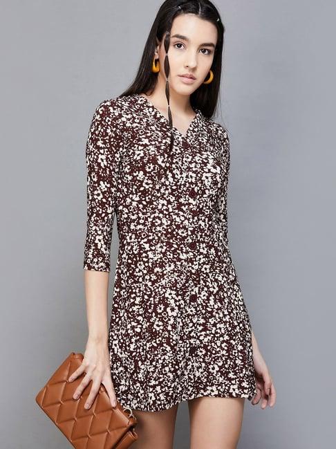 ginger by lifestyle brown floral print a-line dress