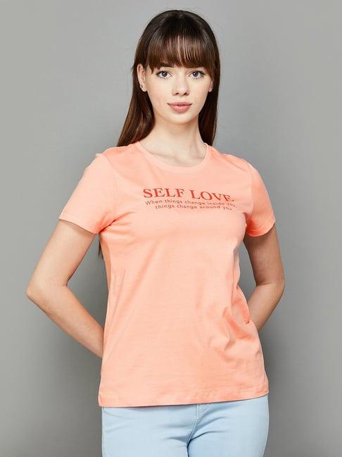 fame forever by lifestyle peach cotton printed t-shirt