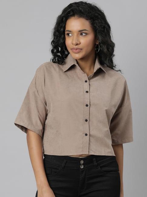 showoff beige cotton relaxed fit crop shirt