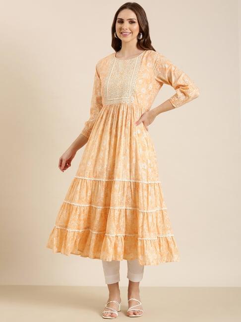 showoff peach cotton floral print kurta