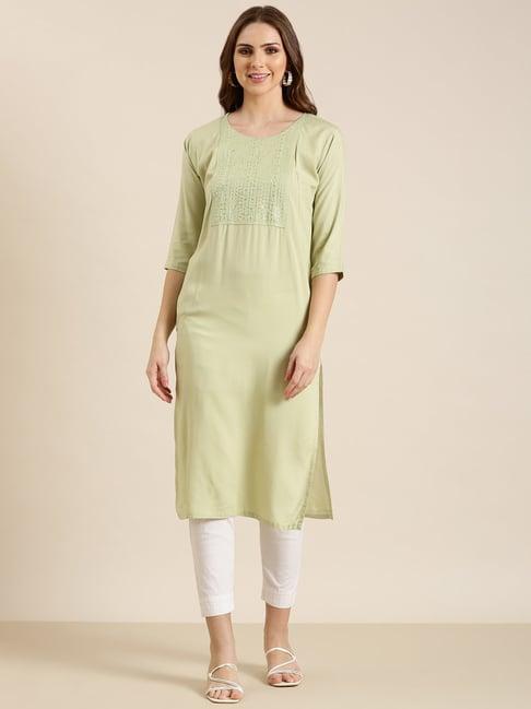 showoff sea green cotton embellished kurta