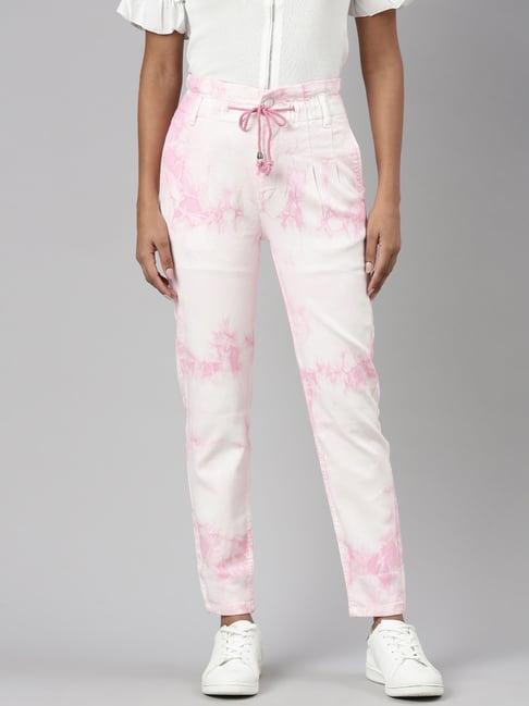 showoff white & pink denim printed mid rise jeans